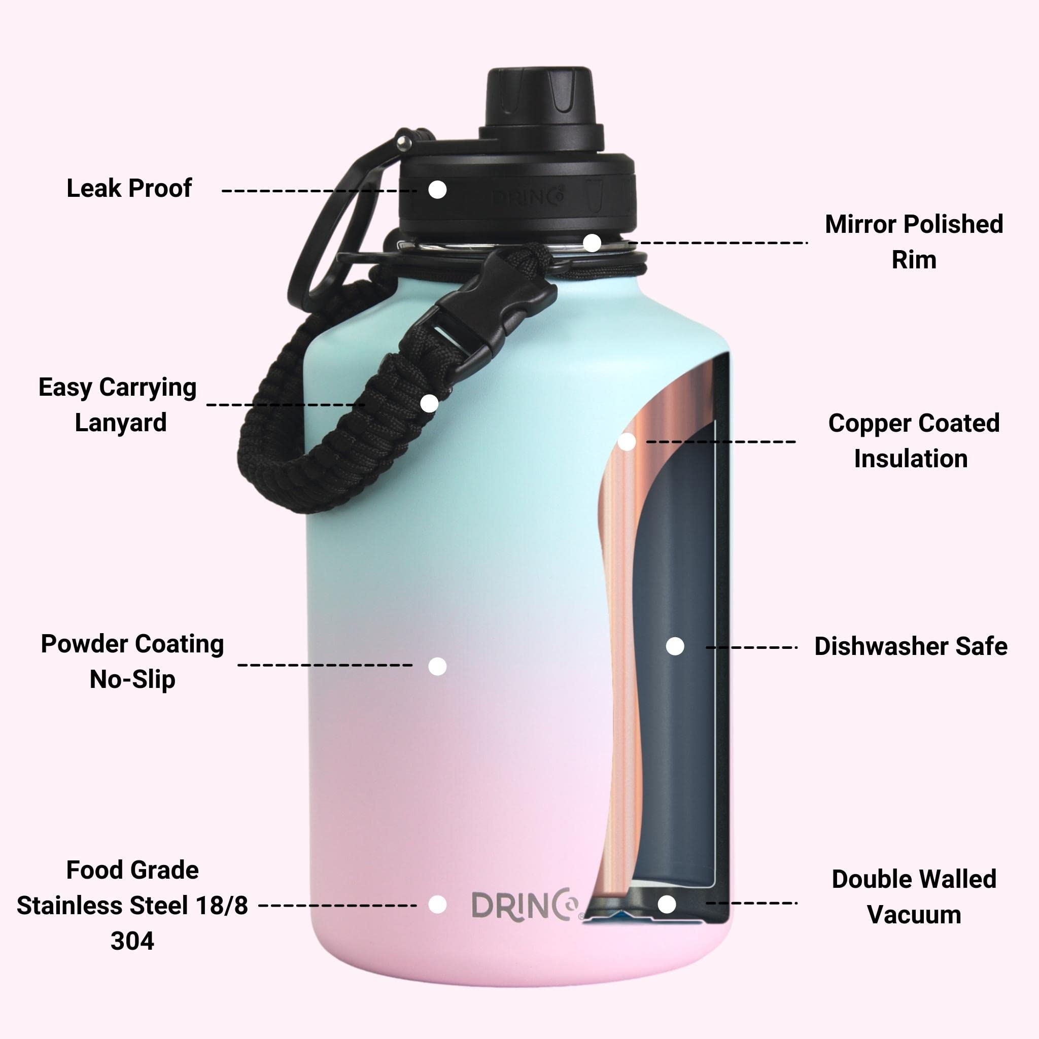 Drinco Stainless Steel Water Bottle Spout Lid Vacuum Insulated Double Wall Water Bottle Wide Mouth (64Oz 40Oz 32Oz 22Oz 18Oz 14O